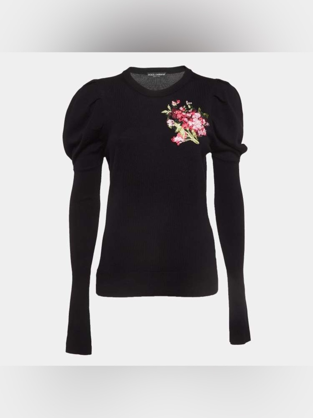 Dolce & Gabbana Black Puff-Sleeve Floral Appliqué Sweater